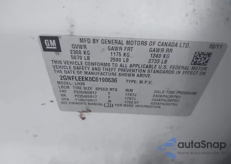 2012 Chevrolet Equinox 1Lt from USA, damaged, VIN 2GNFLEEK0C6190636